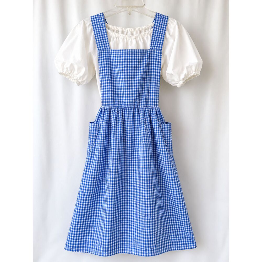 Handmade Dorothy Style Costume 2 Piece Blue Gingham Jumper White Blouse Size M